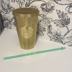 Starbucks Gold Textured Tumbler with Green Straw 16oz